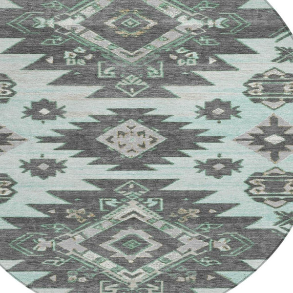 HomeRoots 5' Mint Green and Charcoal Tribal Area Rug – Stylish, Washable, Durable for Indoor & Outdoor Spaces 8' Round 626824