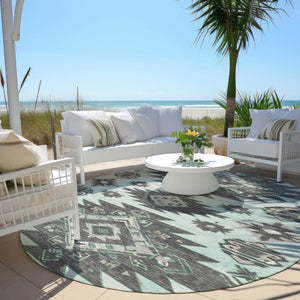 HomeRoots 5' Mint Green and Charcoal Tribal Area Rug – Stylish, Washable, Durable for Indoor & Outdoor Spaces 8' Round 626824