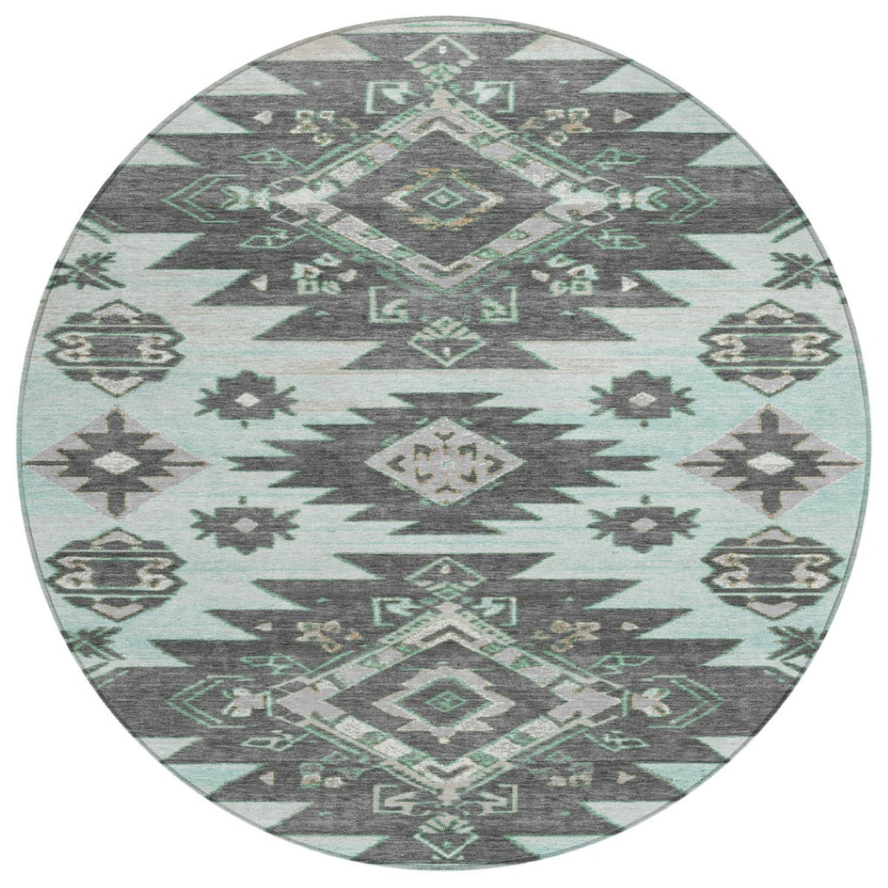 HomeRoots 5' Mint Green and Charcoal Tribal Area Rug – Stylish, Washable, Durable for Indoor & Outdoor Spaces 8' Round 626824