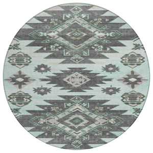 HomeRoots 5' Mint Green and Charcoal Tribal Area Rug – Stylish, Washable, Durable for Indoor & Outdoor Spaces 8' Round 626824