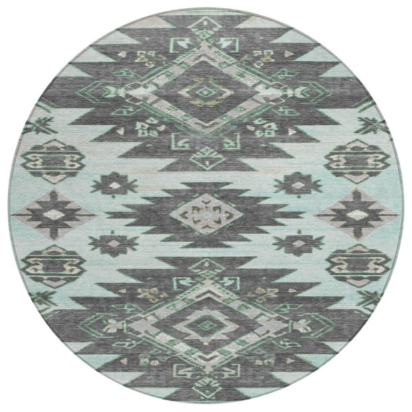 HomeRoots 5' Mint Green and Charcoal Tribal Area Rug – Stylish, Washable, Durable for Indoor & Outdoor Spaces 8' Round 626824