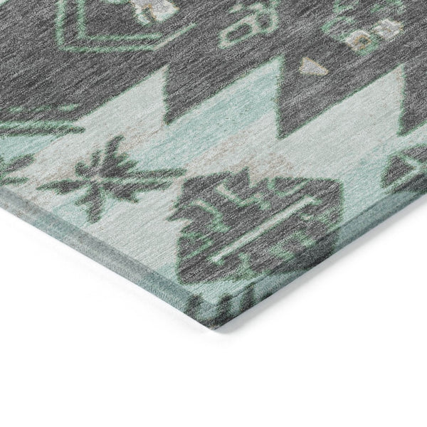 HomeRoots 5' Mint Green and Charcoal Tribal Area Rug – Stylish, Washable, Durable for Indoor & Outdoor Spaces 8' Round 626824