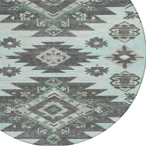HomeRoots 5' Mint Green and Charcoal Tribal Area Rug – Stylish, Washable, Durable for Indoor & Outdoor Spaces 8' Round 626824