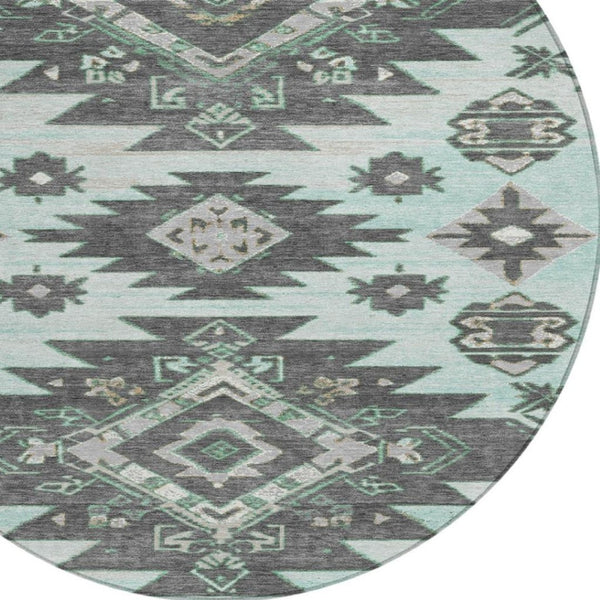 HomeRoots 5' Mint Green and Charcoal Tribal Area Rug – Stylish, Washable, Durable for Indoor & Outdoor Spaces 8' Round 626824