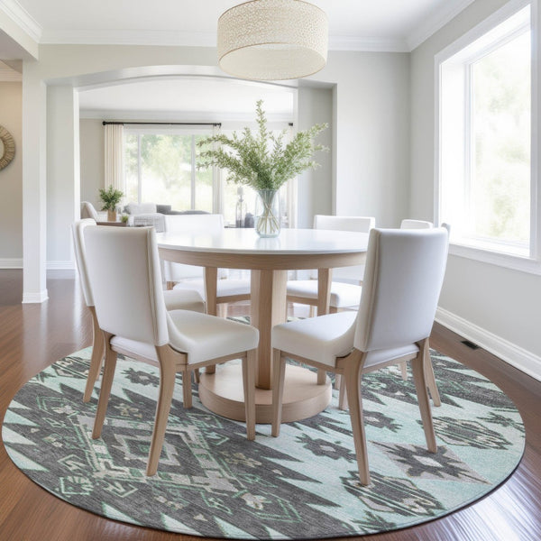 HomeRoots 5' Mint Green and Charcoal Tribal Area Rug – Stylish, Washable, Durable for Indoor & Outdoor Spaces 8' Round 626824