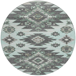 HomeRoots 5' Mint Green and Charcoal Tribal Area Rug – Stylish, Washable, Durable for Indoor & Outdoor Spaces 8' Round 626824