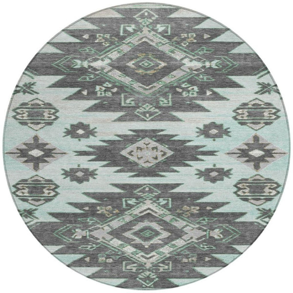 HomeRoots 5' Mint Green and Charcoal Tribal Area Rug – Stylish, Washable, Durable for Indoor & Outdoor Spaces 8' Round 626824
