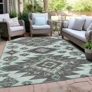 HomeRoots 5' Mint Green and Charcoal Tribal Area Rug – Stylish, Washable, Durable for Indoor & Outdoor Spaces 8' X 10' 626825