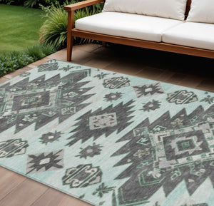 HomeRoots 5' Mint Green and Charcoal Tribal Area Rug – Stylish, Washable, Durable for Indoor & Outdoor Spaces 9' X 12' 626826