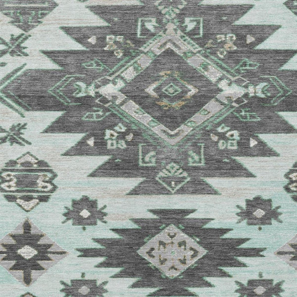 HomeRoots 5' Mint Green and Charcoal Tribal Area Rug – Stylish, Washable, Durable for Indoor & Outdoor Spaces 9' X 12' 626826