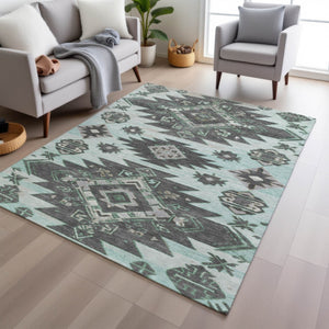 HomeRoots 5' Mint Green and Charcoal Tribal Area Rug – Stylish, Washable, Durable for Indoor & Outdoor Spaces 9' X 12' 626826