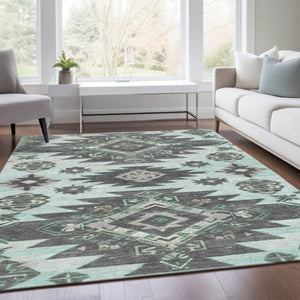 HomeRoots 5' Mint Green and Charcoal Tribal Area Rug – Stylish, Washable, Durable for Indoor & Outdoor Spaces 9' X 12' 626826