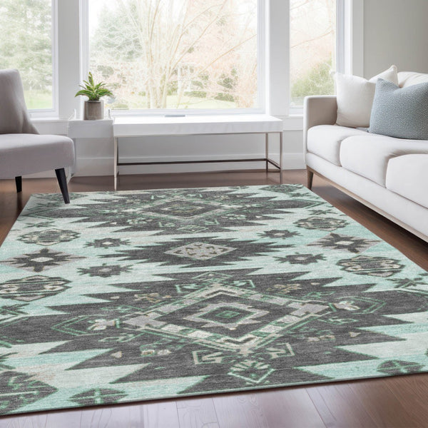 HomeRoots 5' Mint Green and Charcoal Tribal Area Rug – Stylish, Washable, Durable for Indoor & Outdoor Spaces 9' X 12' 626826