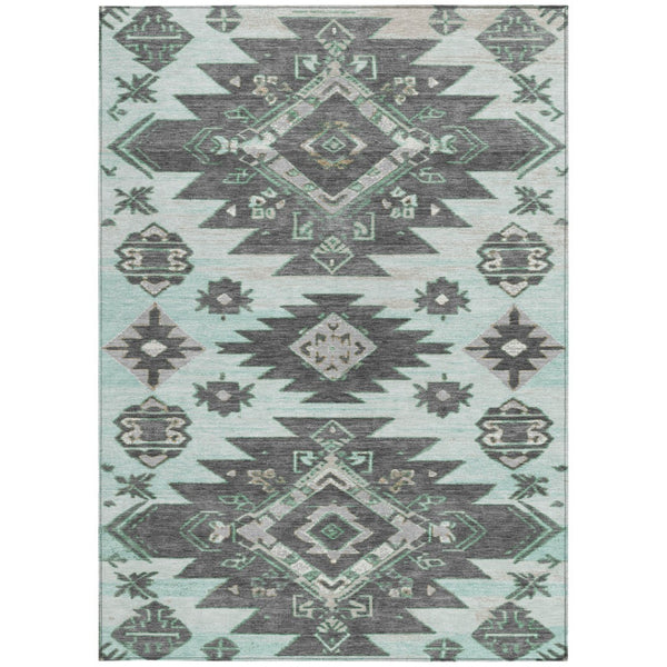 HomeRoots 5' Mint Green and Charcoal Tribal Area Rug – Stylish, Washable, Durable for Indoor & Outdoor Spaces 10' X 14' 626827