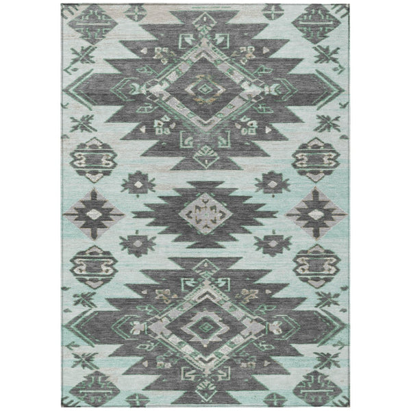 HomeRoots 5' Mint Green and Charcoal Tribal Area Rug – Stylish, Washable, Durable for Indoor & Outdoor Spaces 10' X 14' 626827