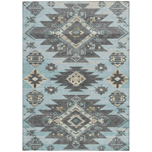 HomeRoots 5' Teal Blue and Charcoal Tribal Area Rug - Durable, Washable Design for Indoor and Outdoor Spaces 5' X 8' 626835