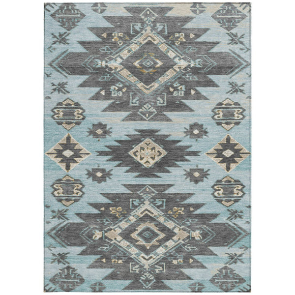 HomeRoots 5' Teal Blue and Charcoal Tribal Area Rug - Durable, Washable Design for Indoor and Outdoor Spaces 5' X 8' 626835