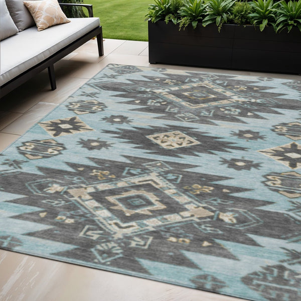 HomeRoots 5' Teal Blue and Charcoal Tribal Area Rug - Durable, Washable Design for Indoor and Outdoor Spaces 5' X 8' 626835