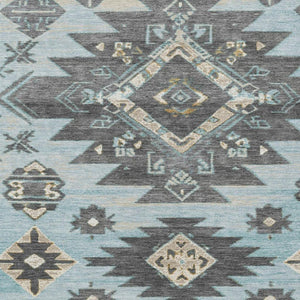 HomeRoots 5' Teal Blue and Charcoal Tribal Area Rug - Durable, Washable Design for Indoor and Outdoor Spaces 5' X 8' 626835