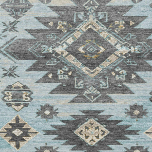 HomeRoots 5' Teal Blue and Charcoal Tribal Area Rug - Durable, Washable Design for Indoor and Outdoor Spaces 5' X 8' 626835