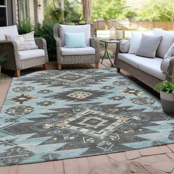 HomeRoots 5' Teal Blue and Charcoal Tribal Area Rug - Durable, Washable Design for Indoor and Outdoor Spaces 5' X 8' 626835