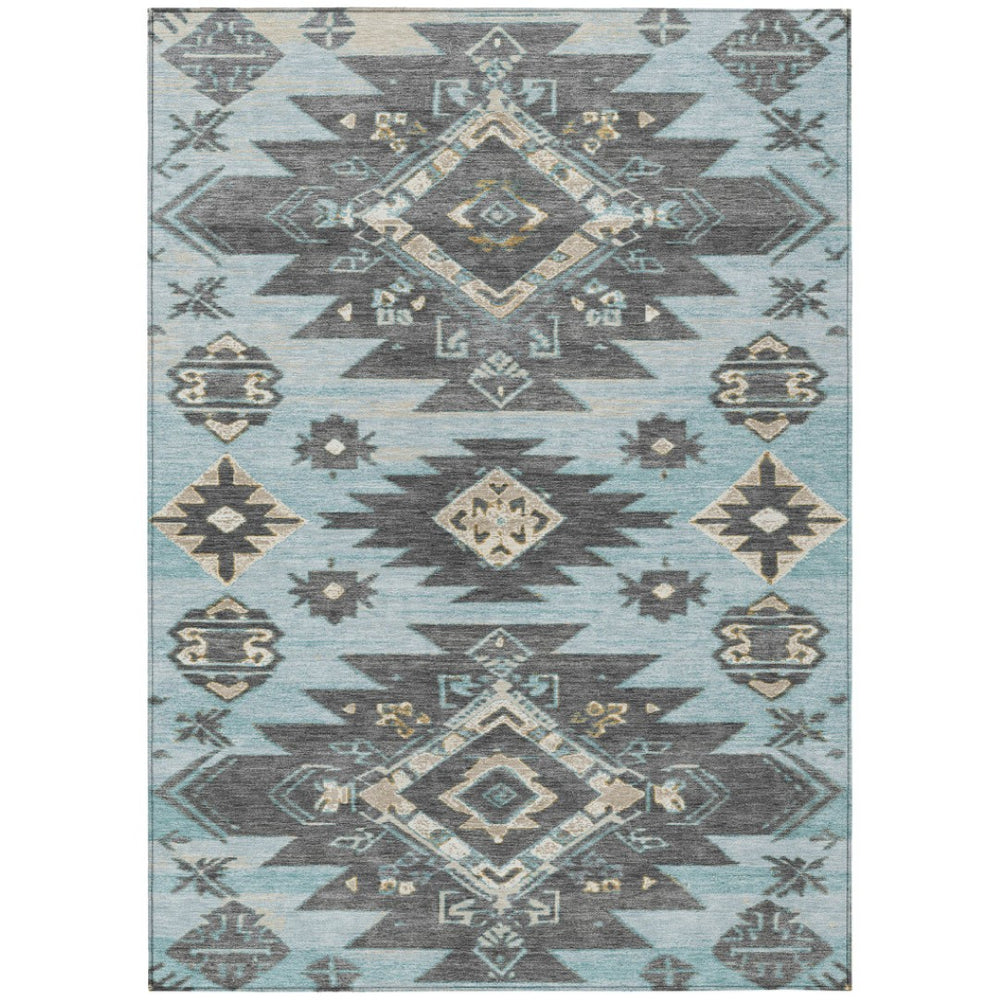 HomeRoots 5' Teal Blue and Charcoal Tribal Area Rug - Durable, Washable Design for Indoor and Outdoor Spaces 5' X 8' 626835