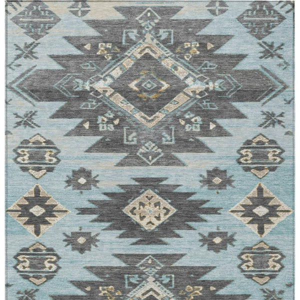 HomeRoots 5' Teal Blue and Charcoal Tribal Area Rug - Durable, Washable Design for Indoor and Outdoor Spaces 5' X 8' 626835