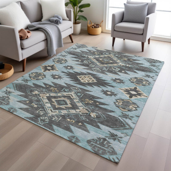 HomeRoots 5' Teal Blue and Charcoal Tribal Area Rug - Durable, Washable Design for Indoor and Outdoor Spaces 5' X 8' 626835