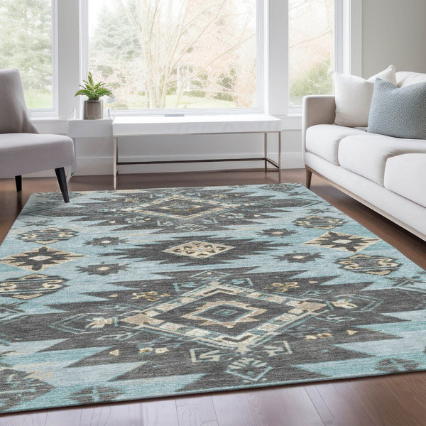 HomeRoots 5' Teal Blue and Charcoal Tribal Area Rug - Durable, Washable Design for Indoor and Outdoor Spaces 5' X 8' 626835