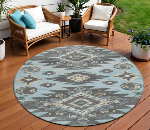 HomeRoots 5' Teal Blue and Charcoal Tribal Area Rug - Durable, Washable Design for Indoor and Outdoor Spaces 8' Round 626836