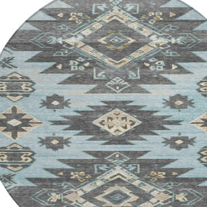 HomeRoots 5' Teal Blue and Charcoal Tribal Area Rug - Durable, Washable Design for Indoor and Outdoor Spaces 8' Round 626836