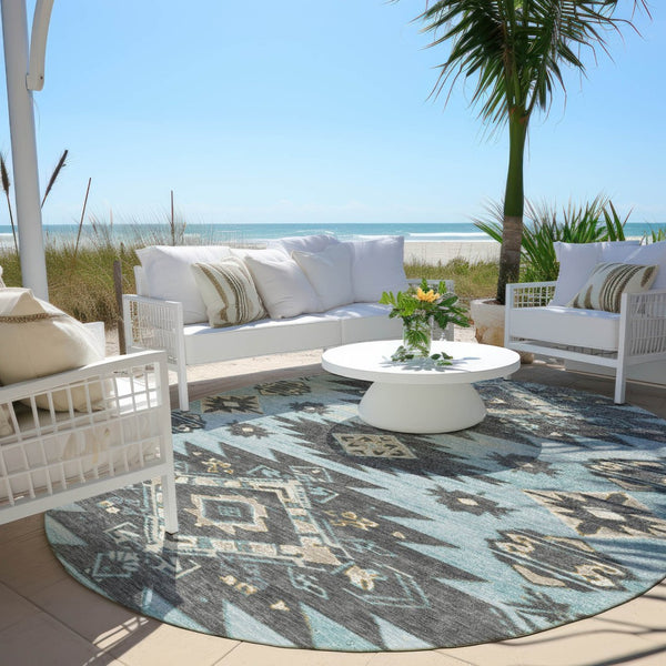 HomeRoots 5' Teal Blue and Charcoal Tribal Area Rug - Durable, Washable Design for Indoor and Outdoor Spaces 8' Round 626836