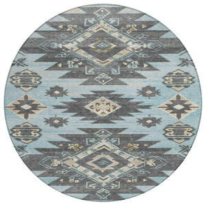 HomeRoots 5' Teal Blue and Charcoal Tribal Area Rug - Durable, Washable Design for Indoor and Outdoor Spaces 8' Round 626836