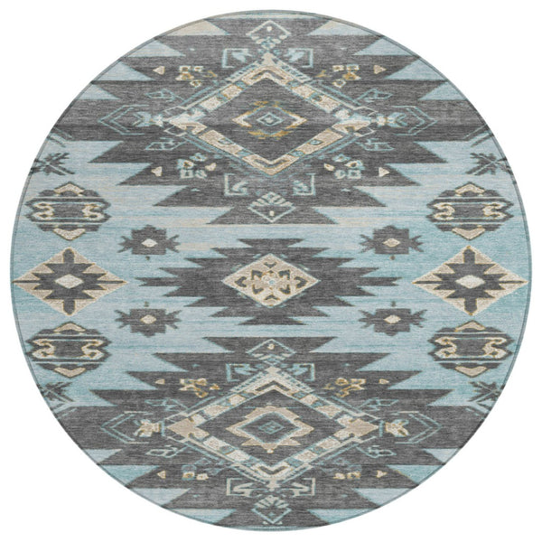 HomeRoots 5' Teal Blue and Charcoal Tribal Area Rug - Durable, Washable Design for Indoor and Outdoor Spaces 8' Round 626836
