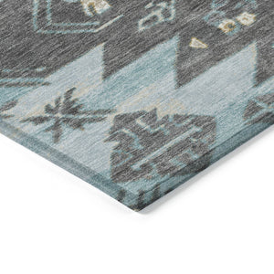 HomeRoots 5' Teal Blue and Charcoal Tribal Area Rug - Durable, Washable Design for Indoor and Outdoor Spaces 8' Round 626836