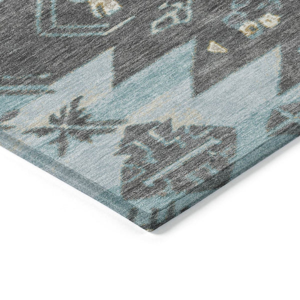 HomeRoots 5' Teal Blue and Charcoal Tribal Area Rug - Durable, Washable Design for Indoor and Outdoor Spaces 8' Round 626836
