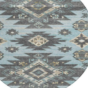 HomeRoots 5' Teal Blue and Charcoal Tribal Area Rug - Durable, Washable Design for Indoor and Outdoor Spaces 8' Round 626836
