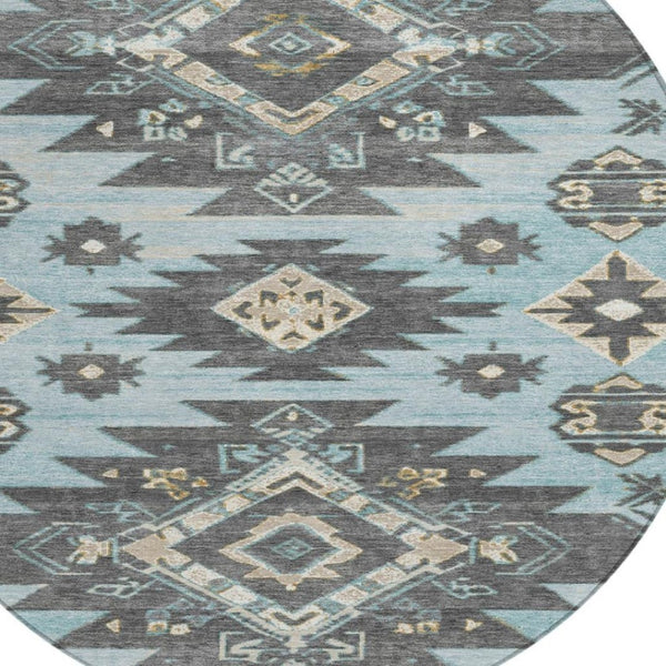 HomeRoots 5' Teal Blue and Charcoal Tribal Area Rug - Durable, Washable Design for Indoor and Outdoor Spaces 8' Round 626836