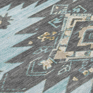 HomeRoots 5' Teal Blue and Charcoal Tribal Area Rug - Durable, Washable Design for Indoor and Outdoor Spaces 8' Round 626836