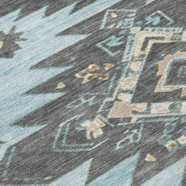HomeRoots 5' Teal Blue and Charcoal Tribal Area Rug - Durable, Washable Design for Indoor and Outdoor Spaces 8' Round 626836