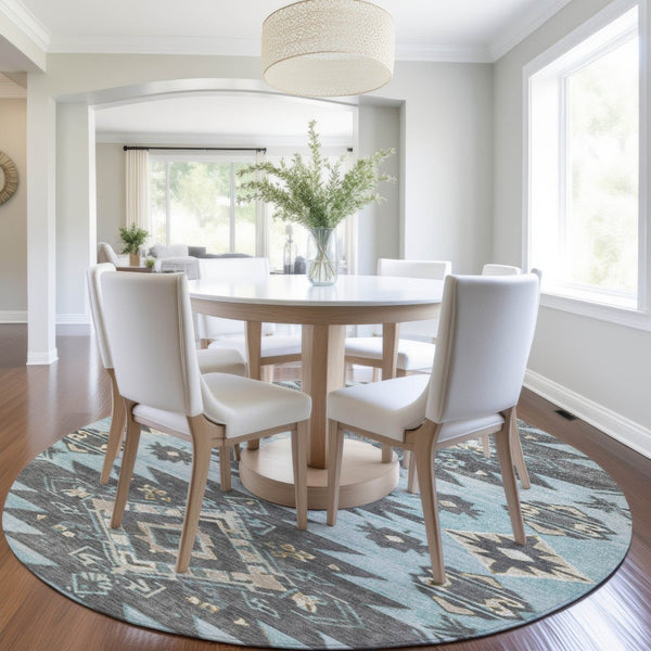 HomeRoots 5' Teal Blue and Charcoal Tribal Area Rug - Durable, Washable Design for Indoor and Outdoor Spaces 8' Round 626836