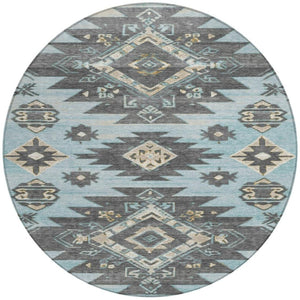 HomeRoots 5' Teal Blue and Charcoal Tribal Area Rug - Durable, Washable Design for Indoor and Outdoor Spaces 8' Round 626836