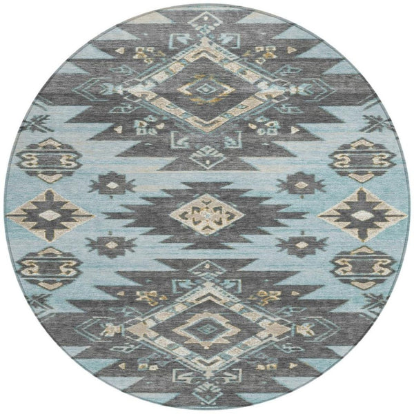HomeRoots 5' Teal Blue and Charcoal Tribal Area Rug - Durable, Washable Design for Indoor and Outdoor Spaces 8' Round 626836