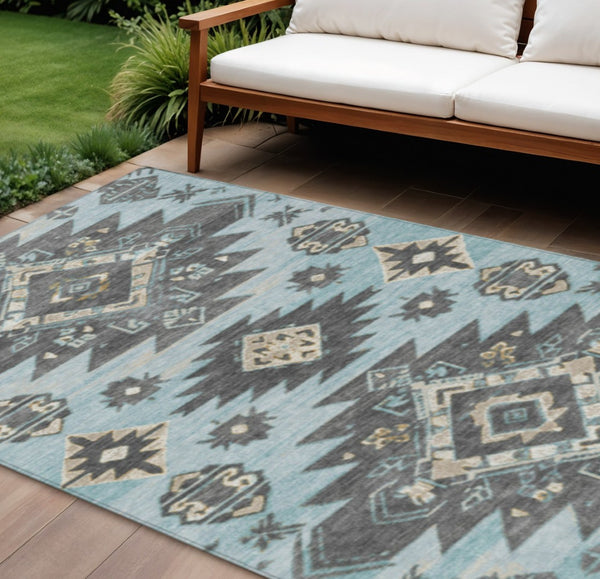HomeRoots 5' Teal Blue and Charcoal Tribal Area Rug - Durable, Washable Design for Indoor and Outdoor Spaces 8' X 10' 626837