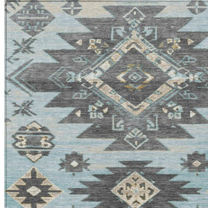HomeRoots 5' Teal Blue and Charcoal Tribal Area Rug - Durable, Washable Design for Indoor and Outdoor Spaces 8' X 10' 626837