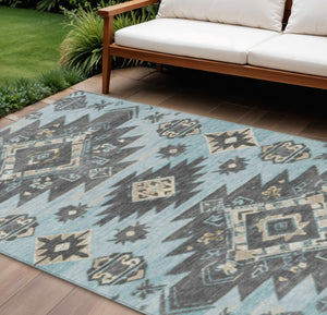 HomeRoots 5' Teal Blue and Charcoal Tribal Area Rug - Durable, Washable Design for Indoor and Outdoor Spaces 9' X 12' 626838
