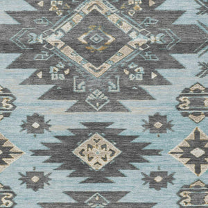 HomeRoots 5' Teal Blue and Charcoal Tribal Area Rug - Durable, Washable Design for Indoor and Outdoor Spaces 9' X 12' 626838