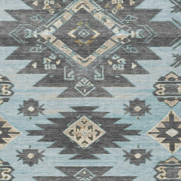 HomeRoots 5' Teal Blue and Charcoal Tribal Area Rug - Durable, Washable Design for Indoor and Outdoor Spaces 9' X 12' 626838