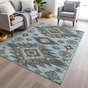 HomeRoots 5' Teal Blue and Charcoal Tribal Area Rug - Durable, Washable Design for Indoor and Outdoor Spaces 9' X 12' 626838