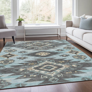 HomeRoots 5' Teal Blue and Charcoal Tribal Area Rug - Durable, Washable Design for Indoor and Outdoor Spaces 9' X 12' 626838